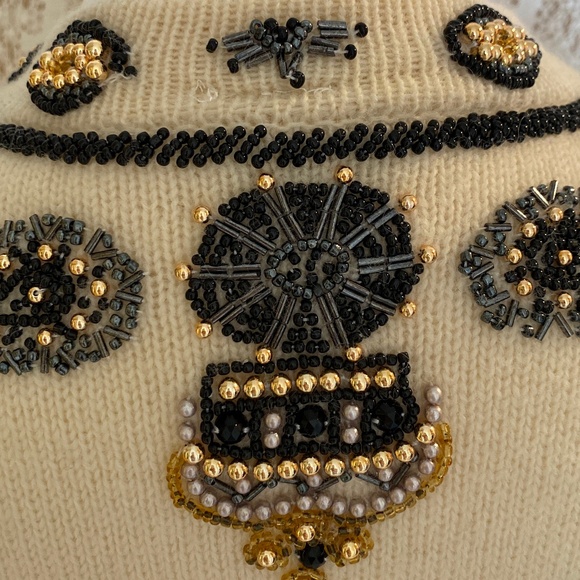 Vintage Premode Wool Beaded Cardigan Jacket (M) I Pearl & Gold Bead Embellished - Picture 7 of 11
